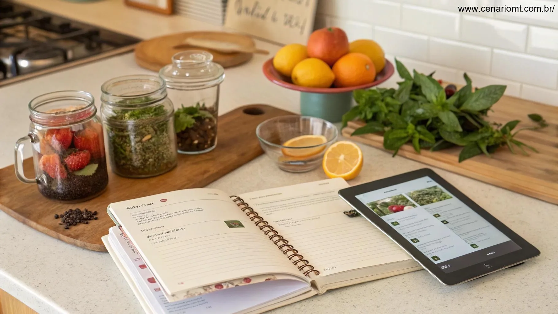 Cozinha aconchegante com um livro de receitas aberto e uma tela de tablet mostrando mais opções de bebidas refrescantes.