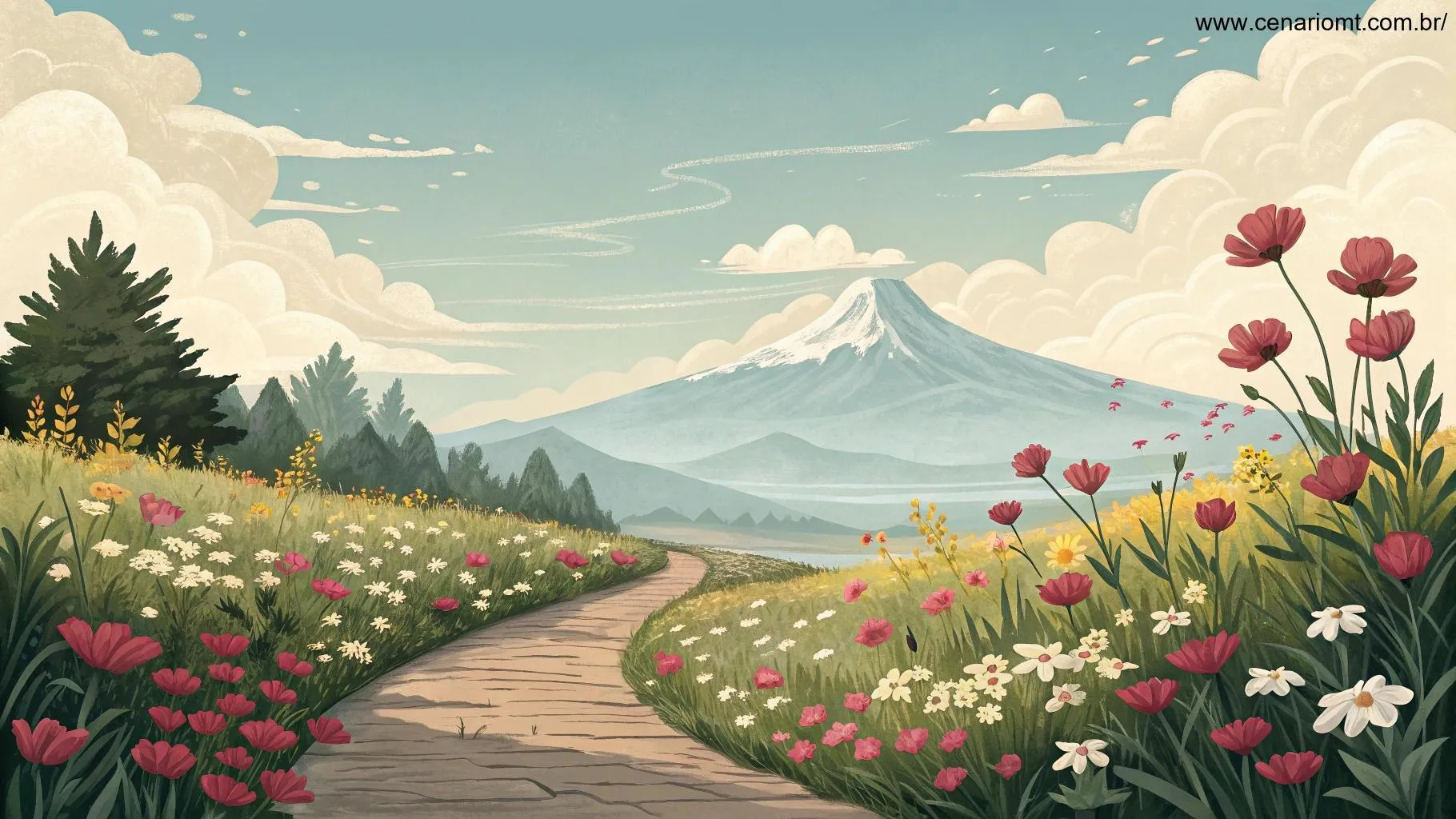 Paisagem serena mostrando um caminho ladeado por flores vibrantes e uma montanha distante, simbolizando o crescimento pessoal e as oportunidades para Escorpião explorar em 03 de fevereiro de 2025.