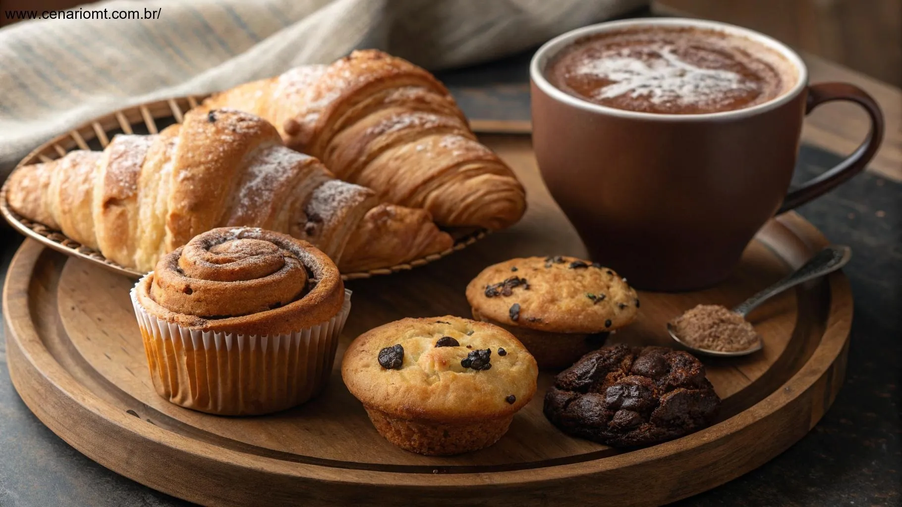 Seleção de doces como croissants, biscoitos e muffins, ao lado de uma xícara fumegante de chocolate quente, ideal para acompanhar