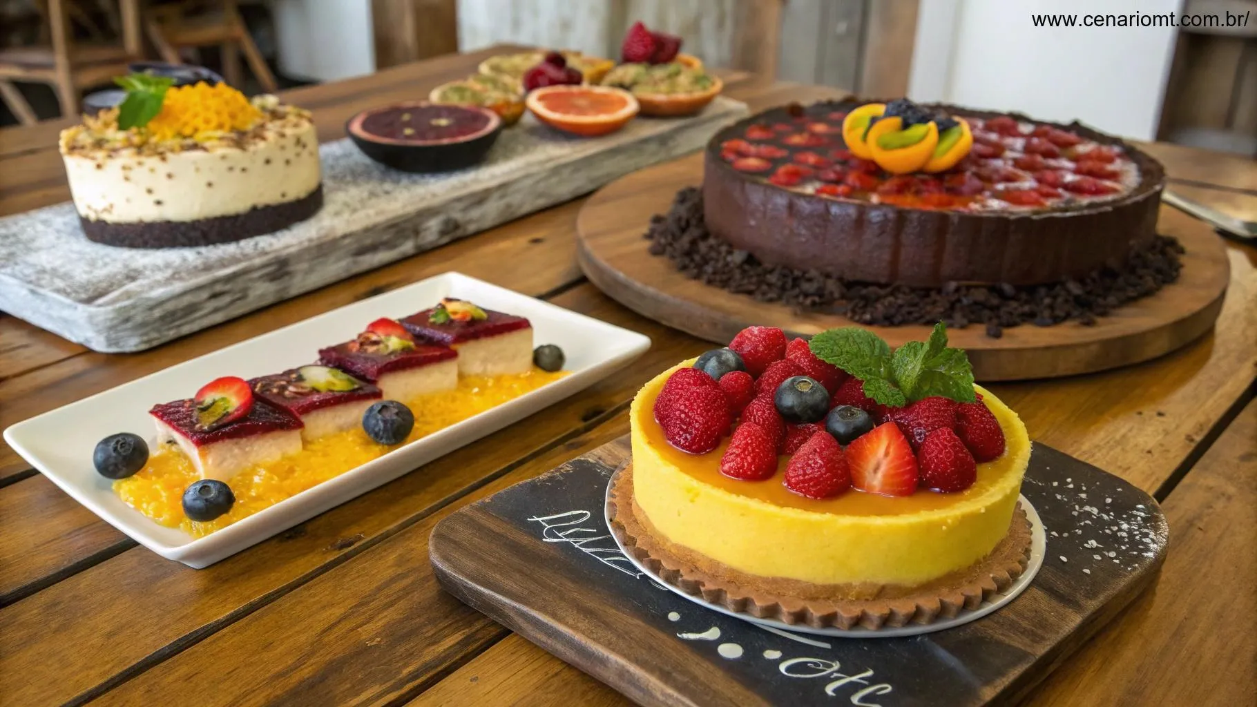 Imagem de várias sobremesas, incluindo mousse de maracujá, bolo de chocolate e torta de frutas, dispostas em uma mesa rústica.