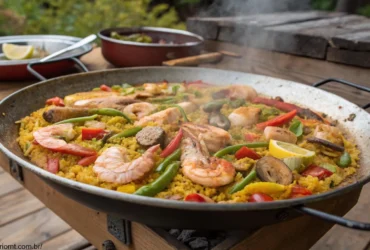 Uma Paella Valenciana tradicional, com frutos do mar, frango e legumes dispostos de forma vibrante em uma panela larga.