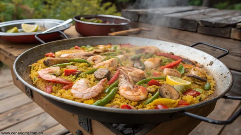 Uma Paella Valenciana tradicional, com frutos do mar, frango e legumes dispostos de forma vibrante em uma panela larga.