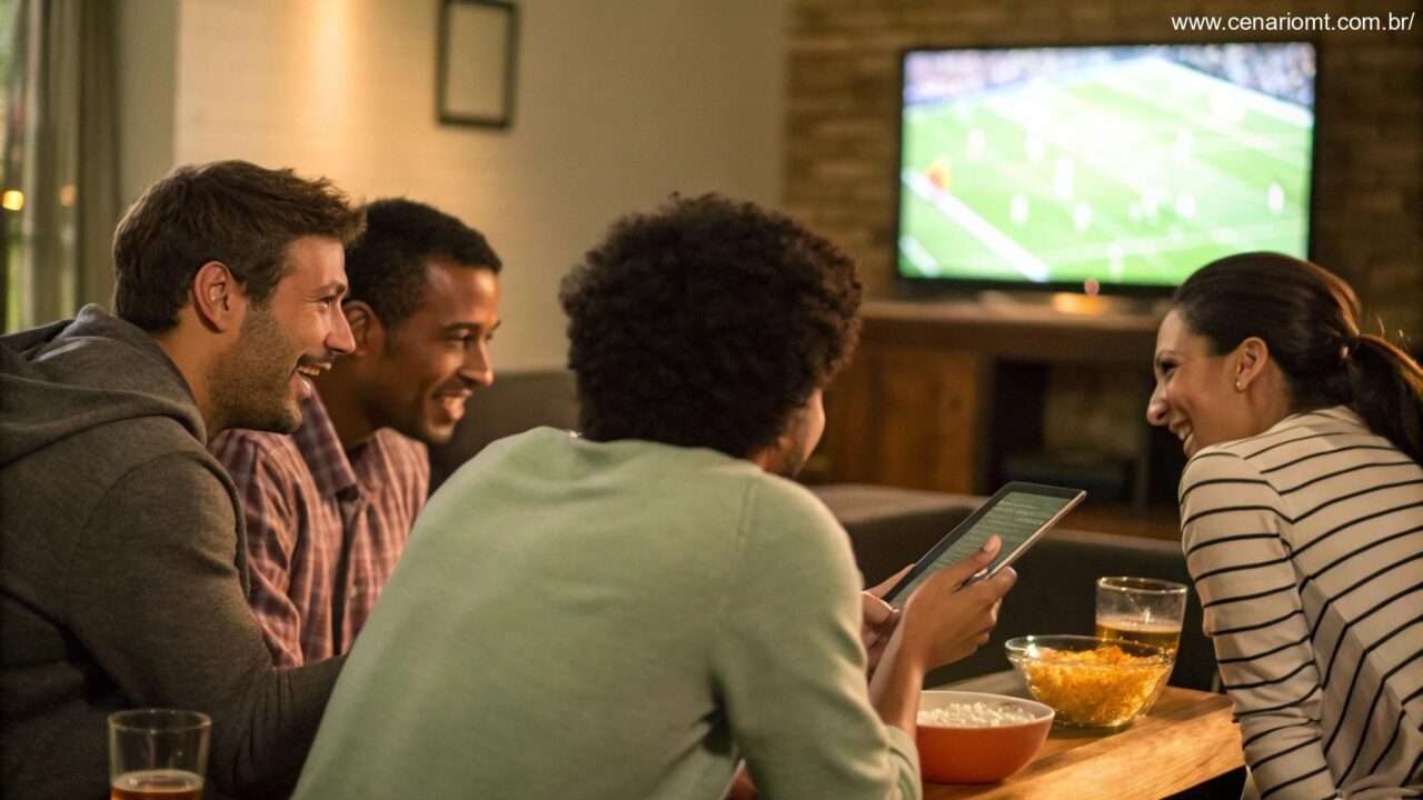 Grupo de amigos discutindo palpites para o jogo Rayo Vallecano x Real Valladolid enquanto assistem ao jogo.