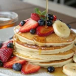 Uma pilha de panquecas americanas fofinhas com frutas frescas e mel.