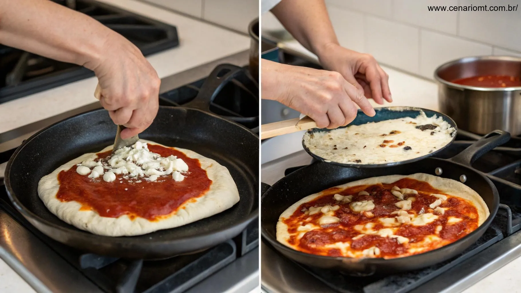 Passo a passo do preparo de uma pizza de frigideira, incluindo abrir a massa e adicionar os ingredientes.