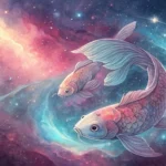 Cena cósmica com peixes nadando em uma galáxia etérea cheia de nebulosas vibrantes e estrelas, simbolizando o movimento celestial e temas astrológicos do futuro de Peixes.