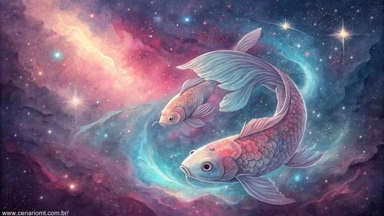 Cena cósmica com peixes nadando em uma galáxia etérea cheia de nebulosas vibrantes e estrelas, simbolizando o movimento celestial e temas astrológicos do futuro de Peixes.