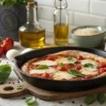 Pizza de frigideira com queijo derretido, molho de tomate e manjericão fresco em uma bancada rústica.