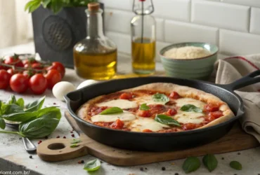 Pizza de frigideira com queijo derretido, molho de tomate e manjericão fresco em uma bancada rústica.