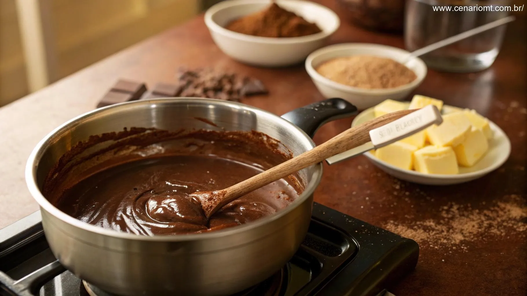 Chocolate derretendo em uma panela para a cobertura.