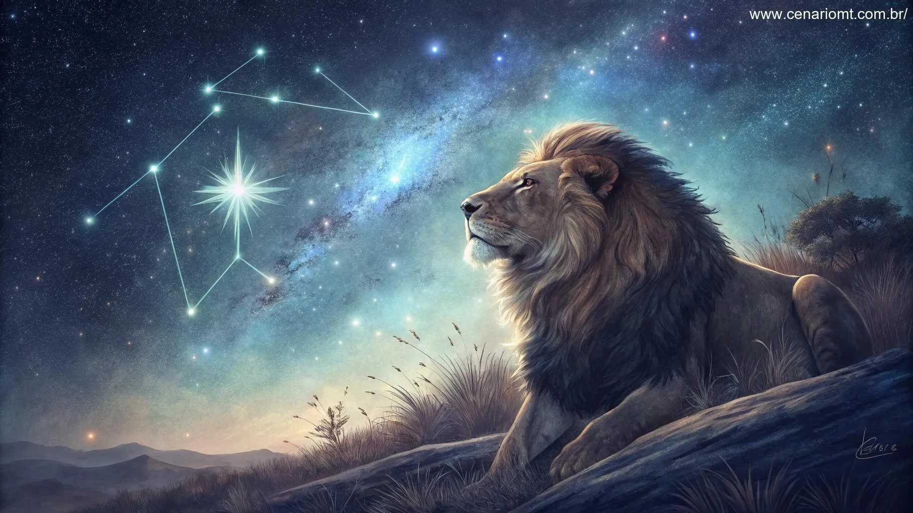 Leão sob um céu estrelado, com energia cósmica ao redor.