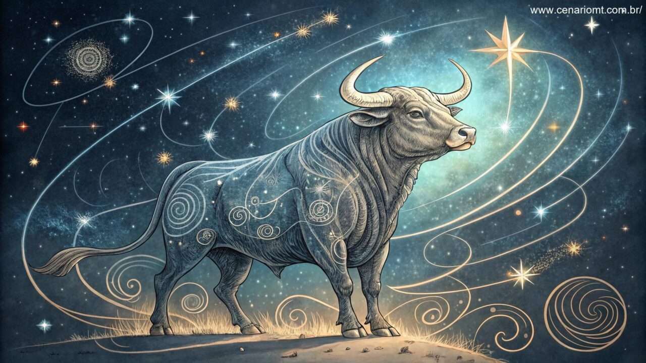 Arte do signo de Touro com constelações representando previsões gerais.