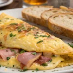 Omelete recheada com queijo e presunto, recém feita, servida em um prato branco com ervas e fatia de pão.