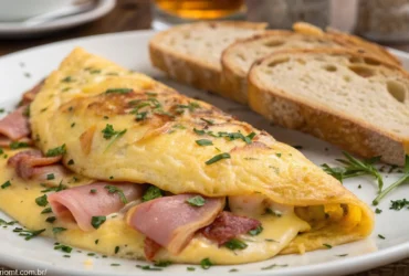 Omelete recheada com queijo e presunto, recém feita, servida em um prato branco com ervas e fatia de pão.