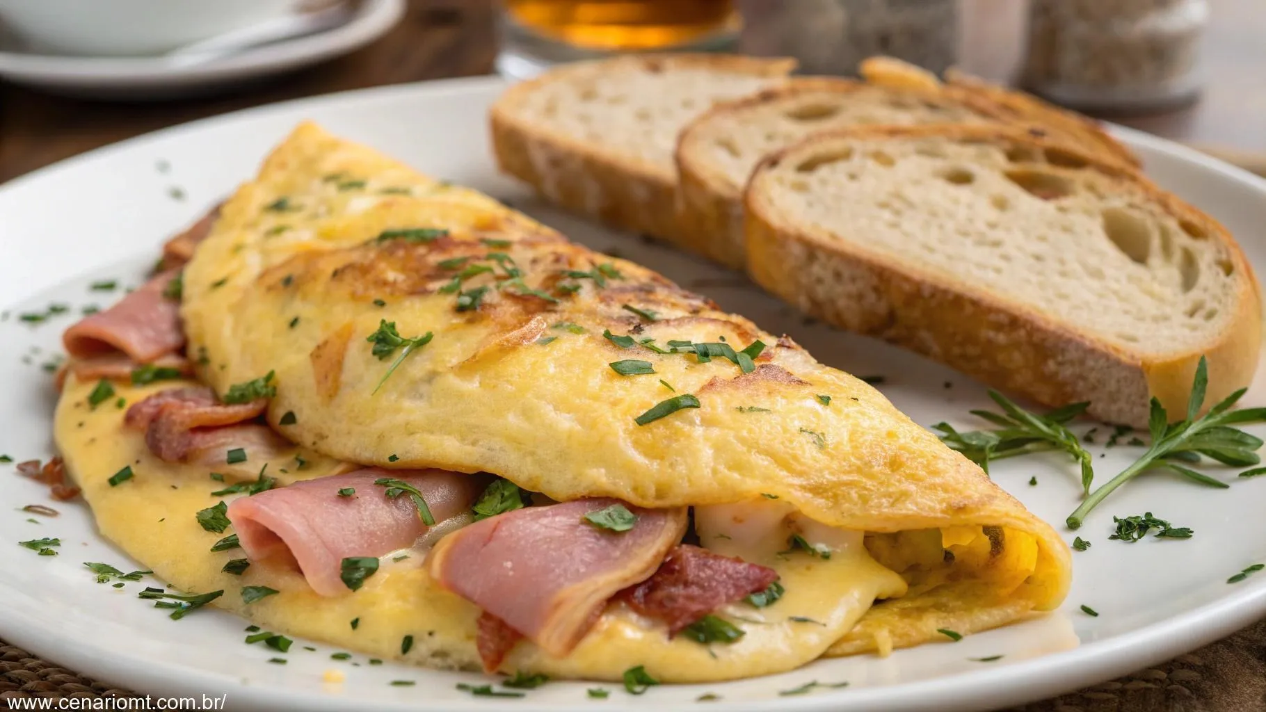 Omelete recheada com queijo e presunto, recém feita, servida em um prato branco com ervas e fatia de pão.