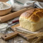 Imagem de pão caseiro macio e fofo sobre uma mesa rústica de madeira com utensílios de panificação ao redor.