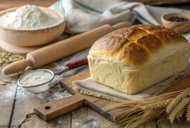 Imagem de pão caseiro macio e fofo sobre uma mesa rústica de madeira com utensílios de panificação ao redor.