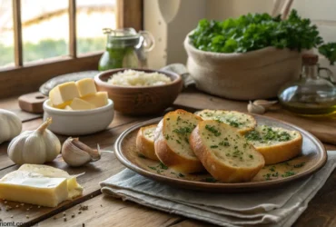 Mesa de madeira com pão de alho caseiro cercado por ingredientes como alho, salsinha, manteiga e massa de pão.