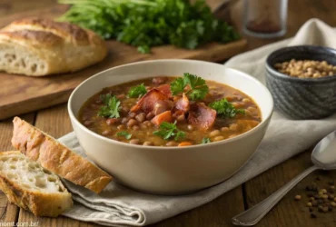 Tigela fumegante de sopa de lentilha com bacon, decorada com salsa fresca, servida em uma mesa rústica com pão crocante e uma colher ao lado.