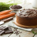 Um bolo de cenoura recém-assado com cobertura de chocolate sobre uma mesa de madeira.