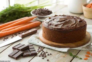 Um bolo de cenoura recém-assado com cobertura de chocolate sobre uma mesa de madeira.