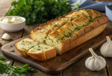 Pão de alho dourado e macio, recém-assado, com fatias que mostram sua textura interna, rodeado por salsa fresca e dentes de alho em uma mesa rústica.