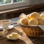 Pão de queijo em uma cesta com luz da manhã entrando pela janela.