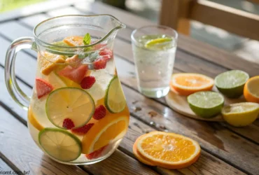 Água saborizada saudável com frutas cítricas em uma jarra de vidro.