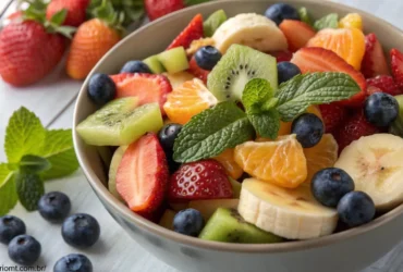 Uma salada de frutas frescas com frutas coloridas como morangos, mirtilos, laranjas, bananas e kiwis, dispostas de forma organizada em uma tigela, com folhas de hortelã como enfeite.