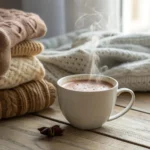 Cena aconchegante com uma xícara de chocolate quente cremoso fumegante em uma mesa com um suéter de lã e cobertores macios ao redor, perfeita para aquecer nos dias frios