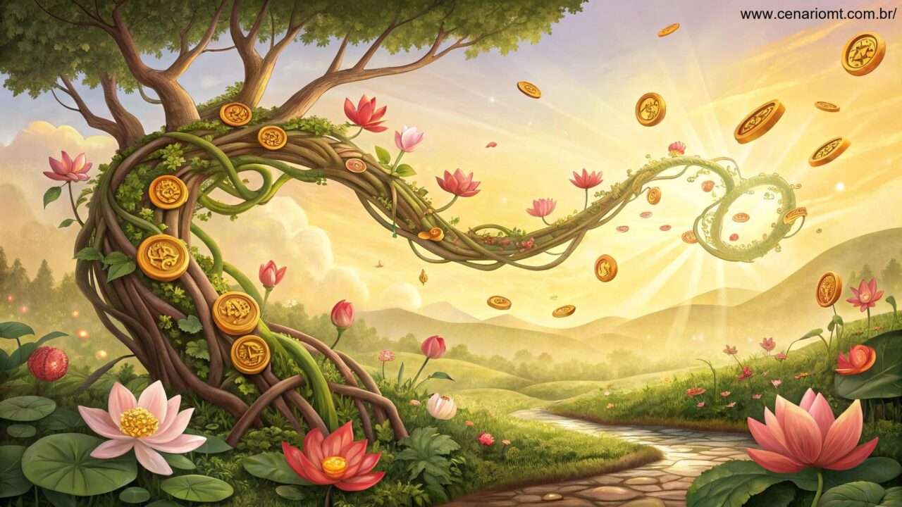 Imagem simbólica de relacionamentos e sorte com elementos naturais e luz.