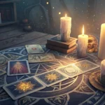 Cena mística de leitura de tarot com cartas espalhadas sobre uma mesa, velas acesas ao redor e uma luz suave iluminando as cartas.