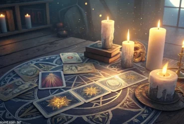 Cena mística de leitura de tarot com cartas espalhadas sobre uma mesa, velas acesas ao redor e uma luz suave iluminando as cartas.