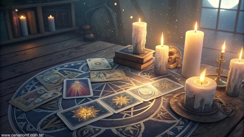 Cena mística de leitura de tarot com cartas espalhadas sobre uma mesa, velas acesas ao redor e uma luz suave iluminando as cartas.
