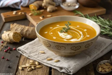 Uma tigela de sopa de abóbora com gengibre e creme de leite, em uma mesa de madeira rústica.