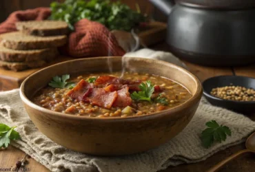 Uma tigela rústica de sopa de lentilha com pedaços de bacon crocante por cima, decorada com salsa fresca, em uma mesa de madeira com um fundo aconchegante de chaleira fumegante e cachecol de lã.