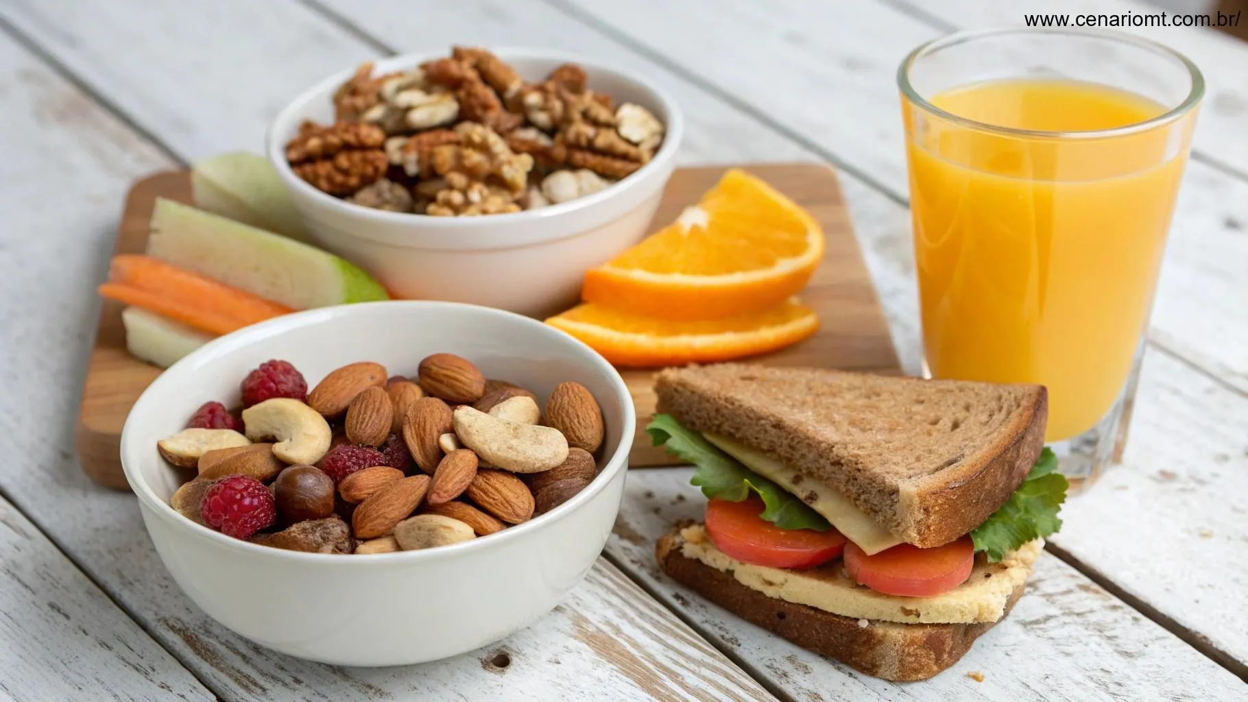 Conjunto de diferentes lanches saudáveis como nozes, sanduíches e frutas, acompanhados de um copo refrescante de suco de laranja recém-espremido.
