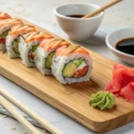 Sushi de salmão e abacate bem montado em uma tábua de madeira, com molho de soja e gengibre em conserva ao lado.