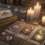 Cena mística de leitura de cartas de Tarot com três cartas em uma mesa de madeira cercada por velas e cristais.