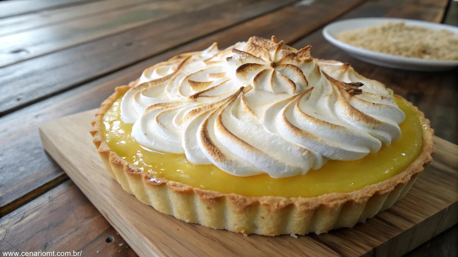 Torta de limão siciliano com merengue dourado e recheio de limão vibrante.