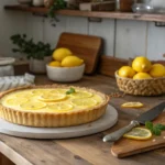 Torta de limão simples em uma mesa de madeira com limões frescos ao redor.