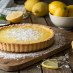 Uma torta de limão recém-assada com crosta dourada em uma mesa rústica de madeira, cercada por limões frescos e polvilhada com açúcar de confeiteiro.