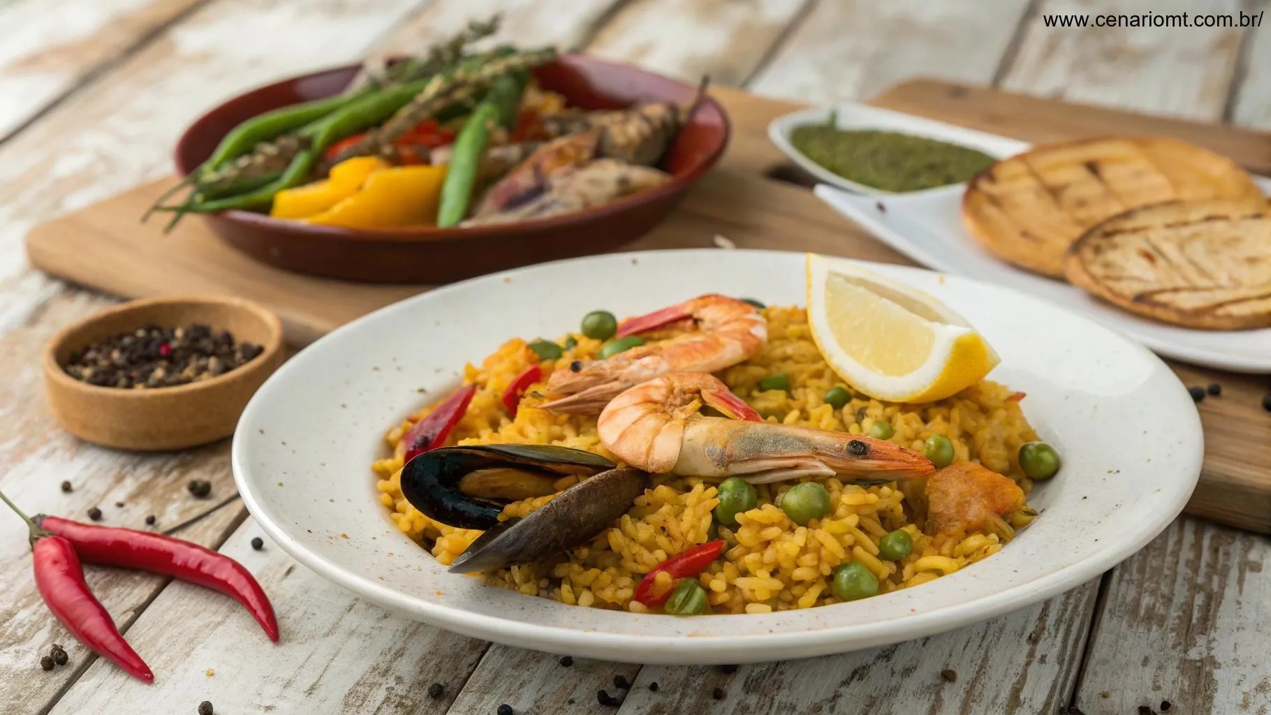 Prato de Paella Valenciana com frutos do mar, legumes e arroz, acompanhado de limão.