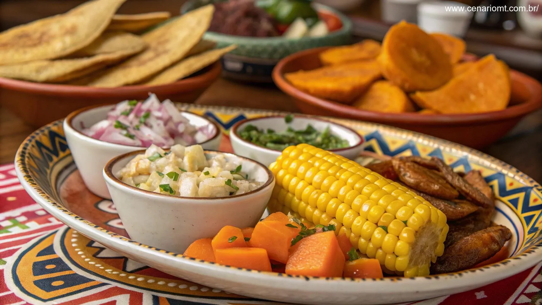 Acompanhamentos típicos para ceviche peruano, como milho cozido, batata doce e banana frita.