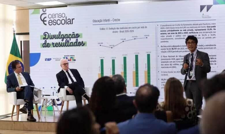 Brasília (DF), 09/04/2025 - O ministro da Educação, Camilo Santana, o presidente do Instituto Nacional de Estudos e Pesquisas Educacionais Anísio Teixeira - Inep Manuel Fernando Palacios da Cunha e Melo e o Diretor de Estatísticas Educacionais (Deed) do Inep Carlos Eduardo Moreno Sampaio, durante coletiva de imprensa para divulgação dos destaques do Censo Escolar 2024. Foto: José Cruz/Agência Brasil