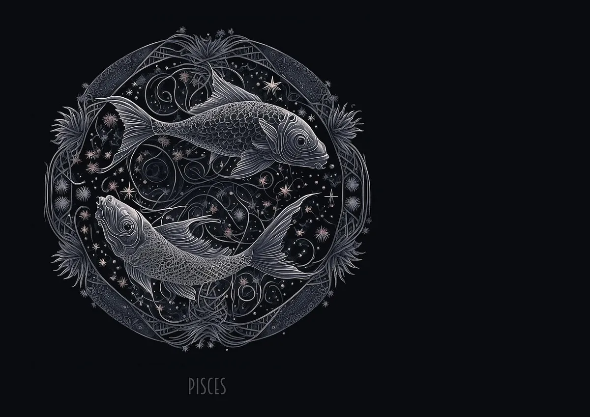 Peixes: conexão espiritual e afetiva em alta em julho. Peixes entre estrelas e água calma, simbolizando intuição, sonhos e afetos reais.