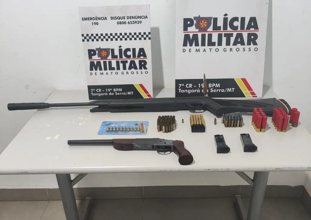 Homem é preso com armas e munições após ameaçar esposa e filho em Tangará da Serra (MT)