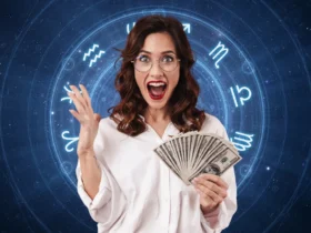 Mulher segurando dinheiro, fundo signos do zodíaco