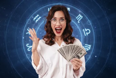 Mulher segurando dinheiro, fundo signos do zodíaco