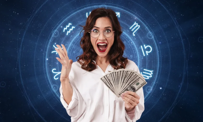 Mulher segurando dinheiro, fundo signos do zodíaco